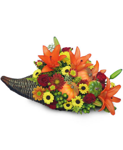 Harvest Horn Aplenty Cornucopia with Lilies and Seasonal Flowers ...