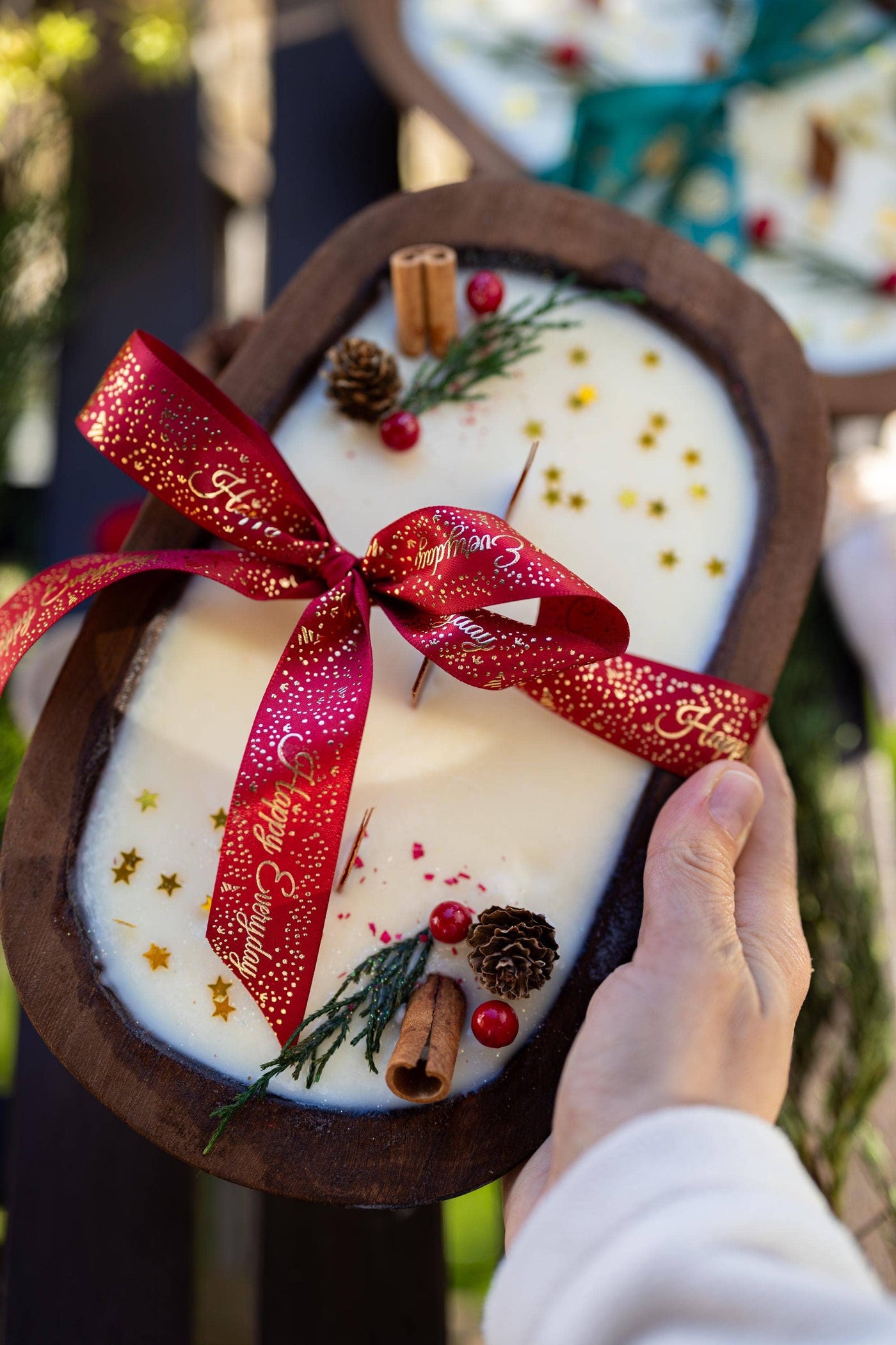 Christmas Wooden Dough Bowl Candle