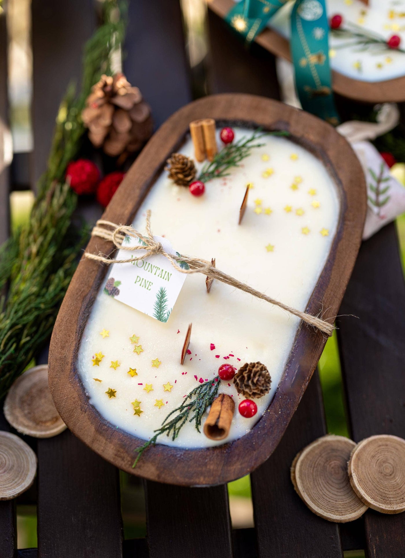 Christmas Wooden Dough Bowl Candle