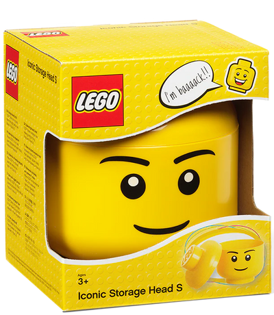 LEGO Iconic Storage Head Small in packaging with smiling face, stackable container for kids