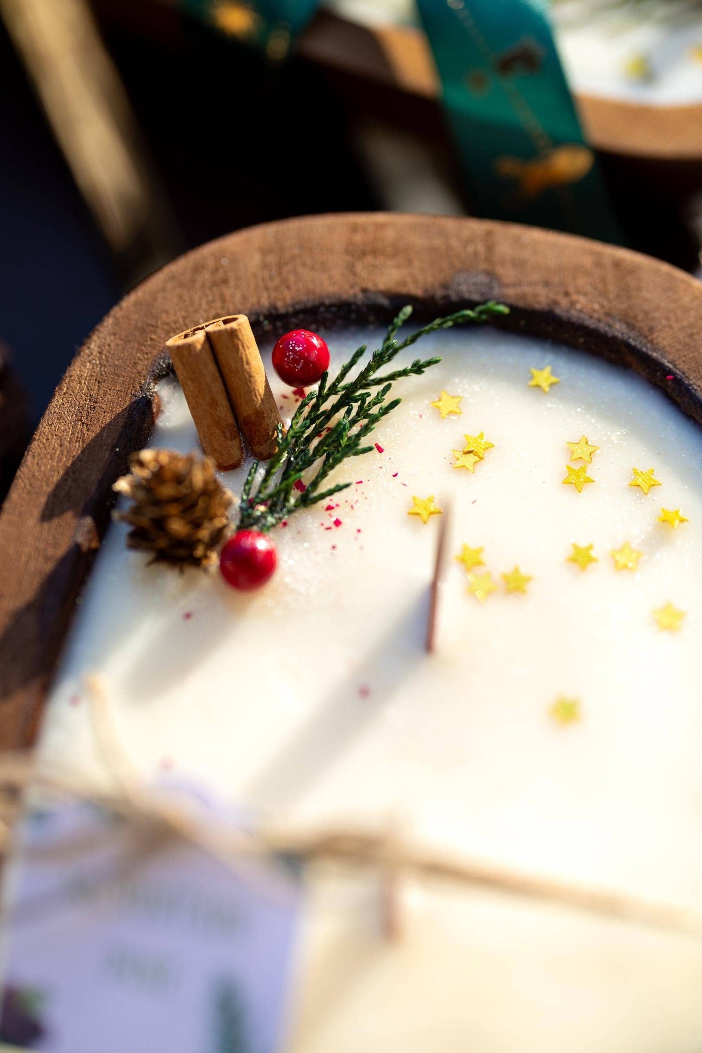 Christmas Wooden Dough Bowl Candle