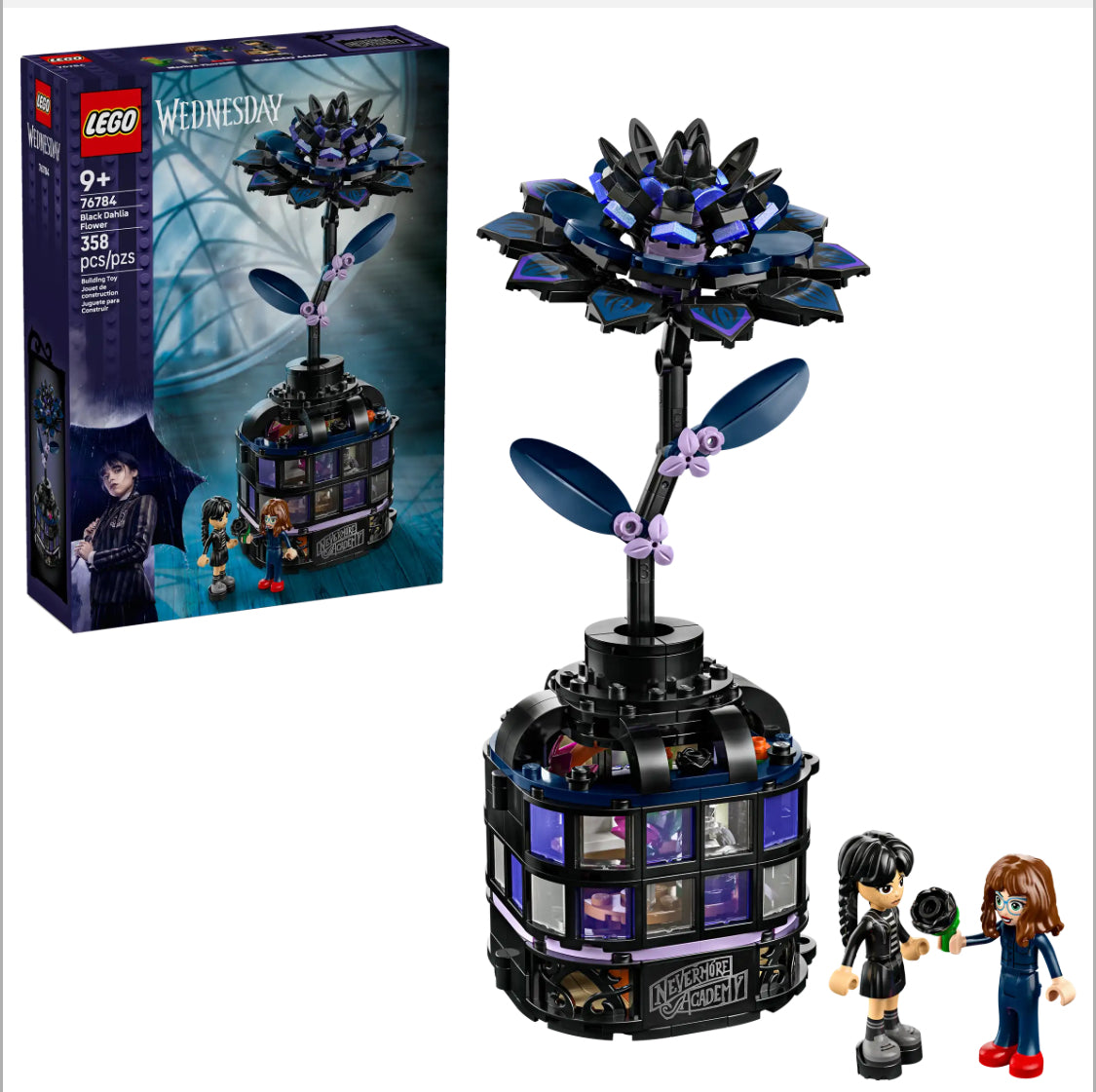 LEGO 76784 Black Dahlia set featuring Wednesday Addams and Nevermore Academy flower build