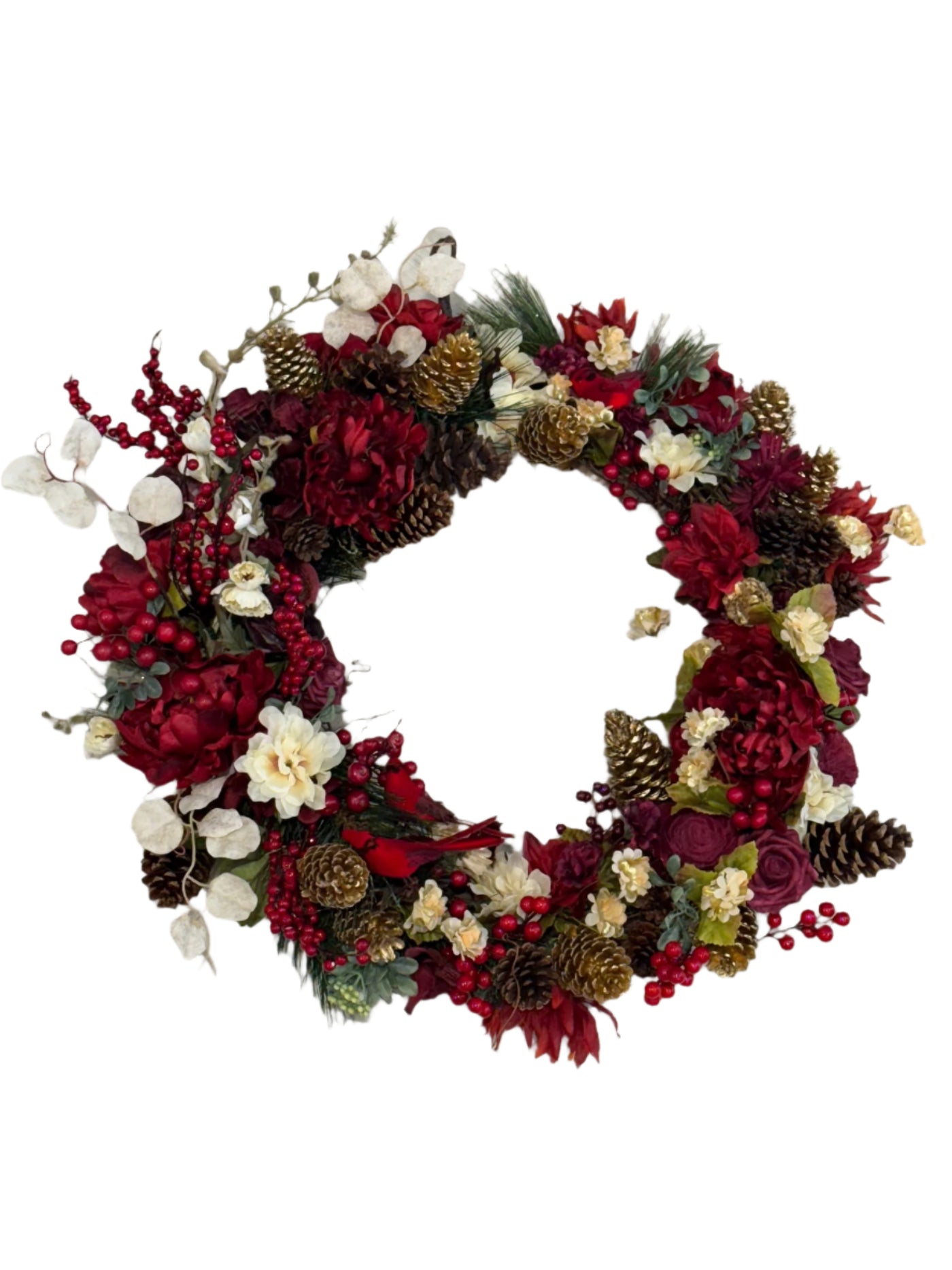 Deep Red Christmas Wreath with Cardinals