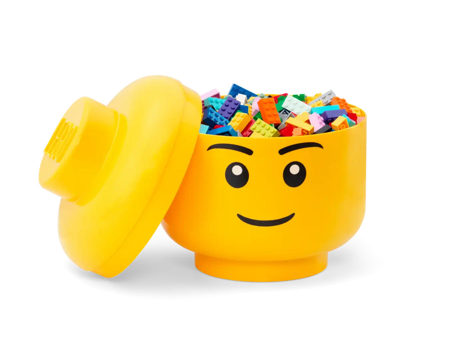 LEGO Iconic Storage Head Small in packaging with smiling face, stackable container for kids
