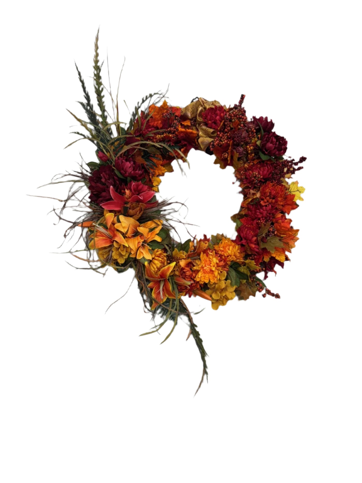 Extra large Autumn-themed floral wreath with large silk flowers and greenery on one side