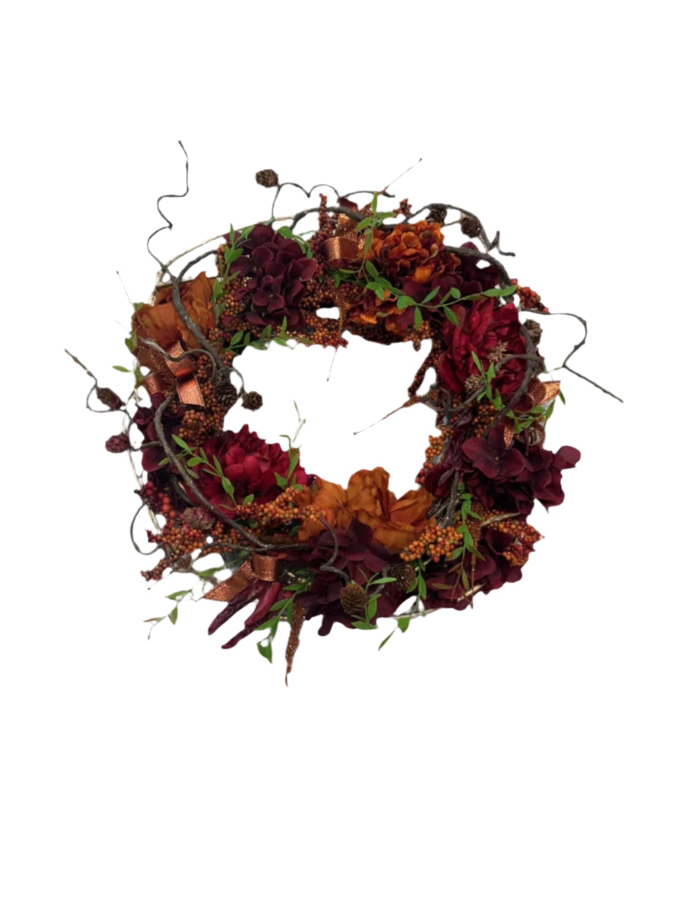 Fall wreath with flowers and greenery and elegant accent pieces.