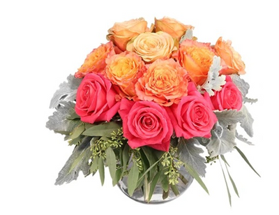 Lush Pink and Orange Rose Arrangement with dusty miller in glass vase.