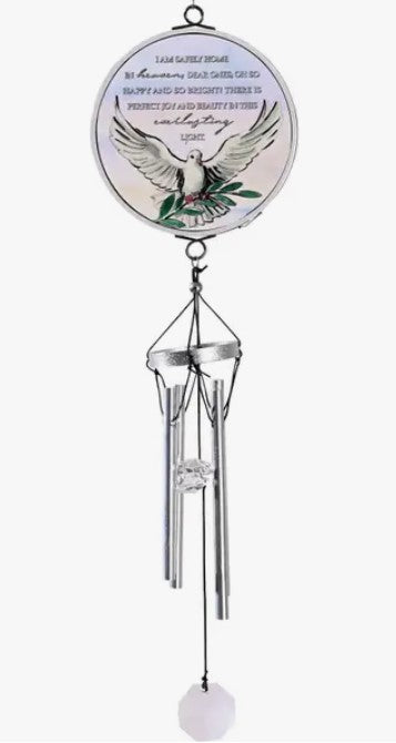 Safely Home memorial wind chime with dove design and sentimental message.