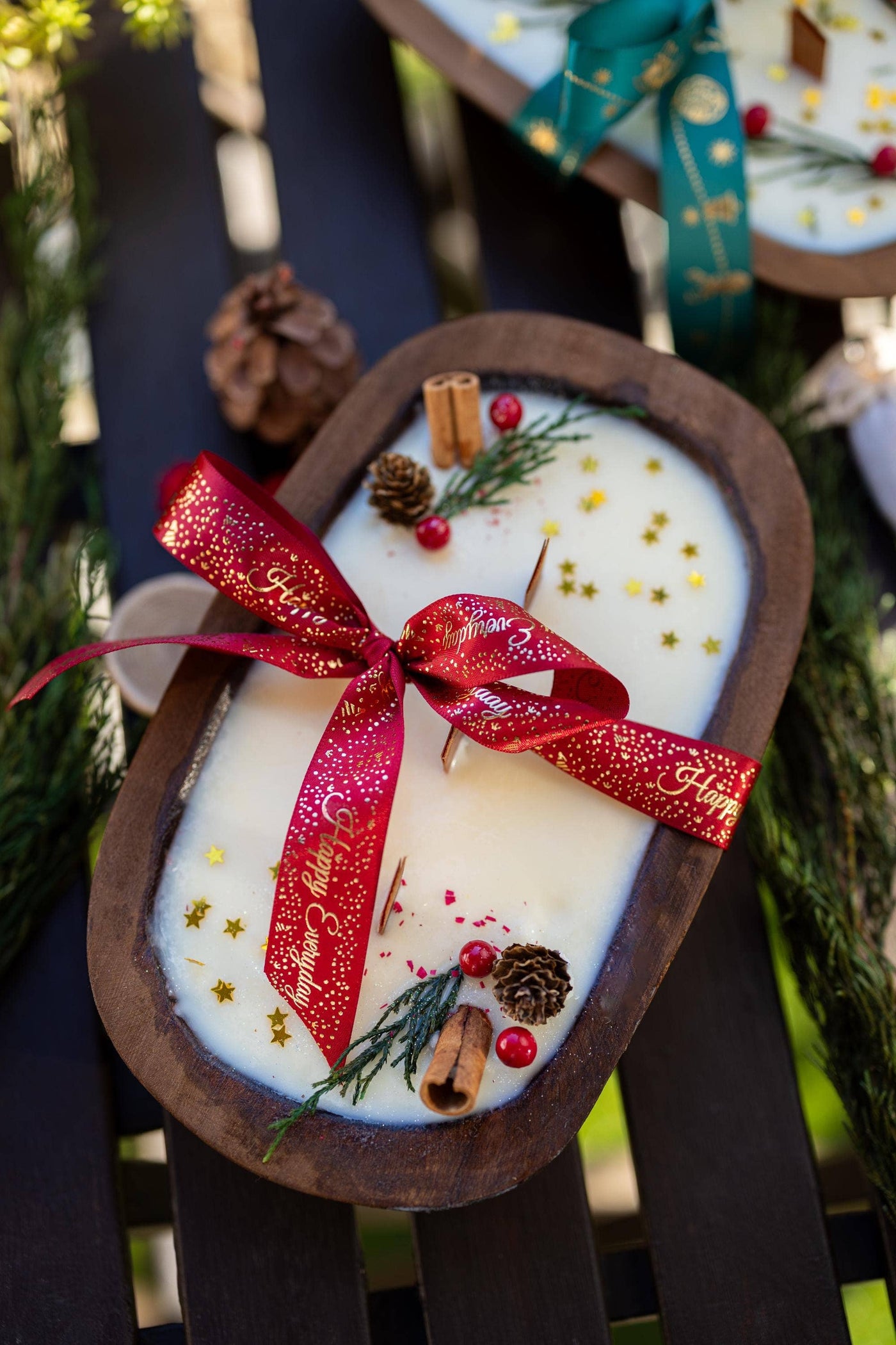 Christmas Wooden Dough Bowl Candle