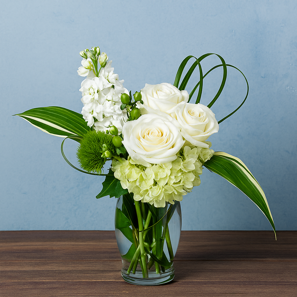 Medium vase containing white hydrangea, three white roses and one stem of white stock. There are also green accents in the form of two large leaves that frame the arrangement, green berries and one green Trick flower. 
