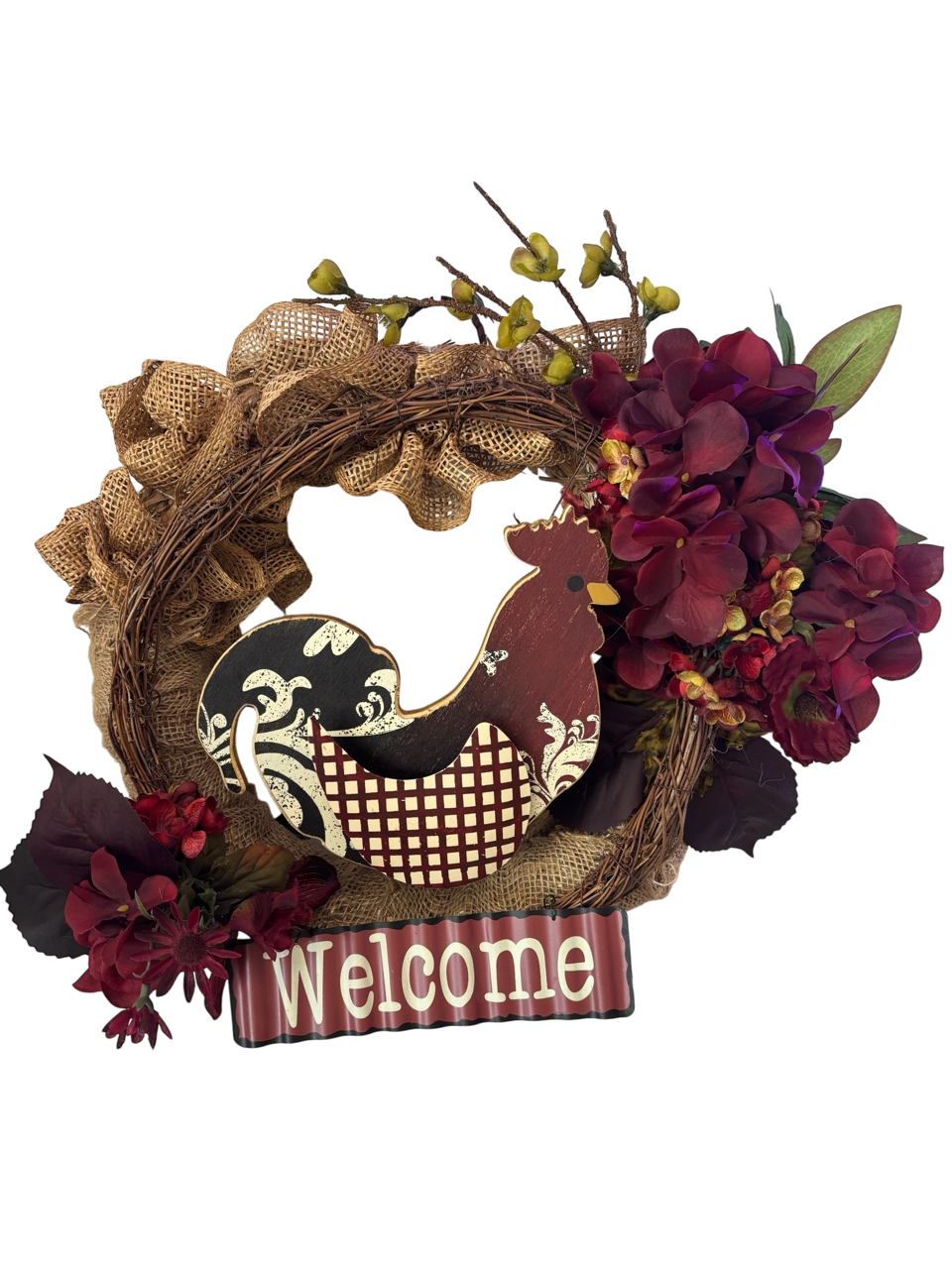 Decorative wreath with rooster and 'Welcome' sign    approx: 14 inches