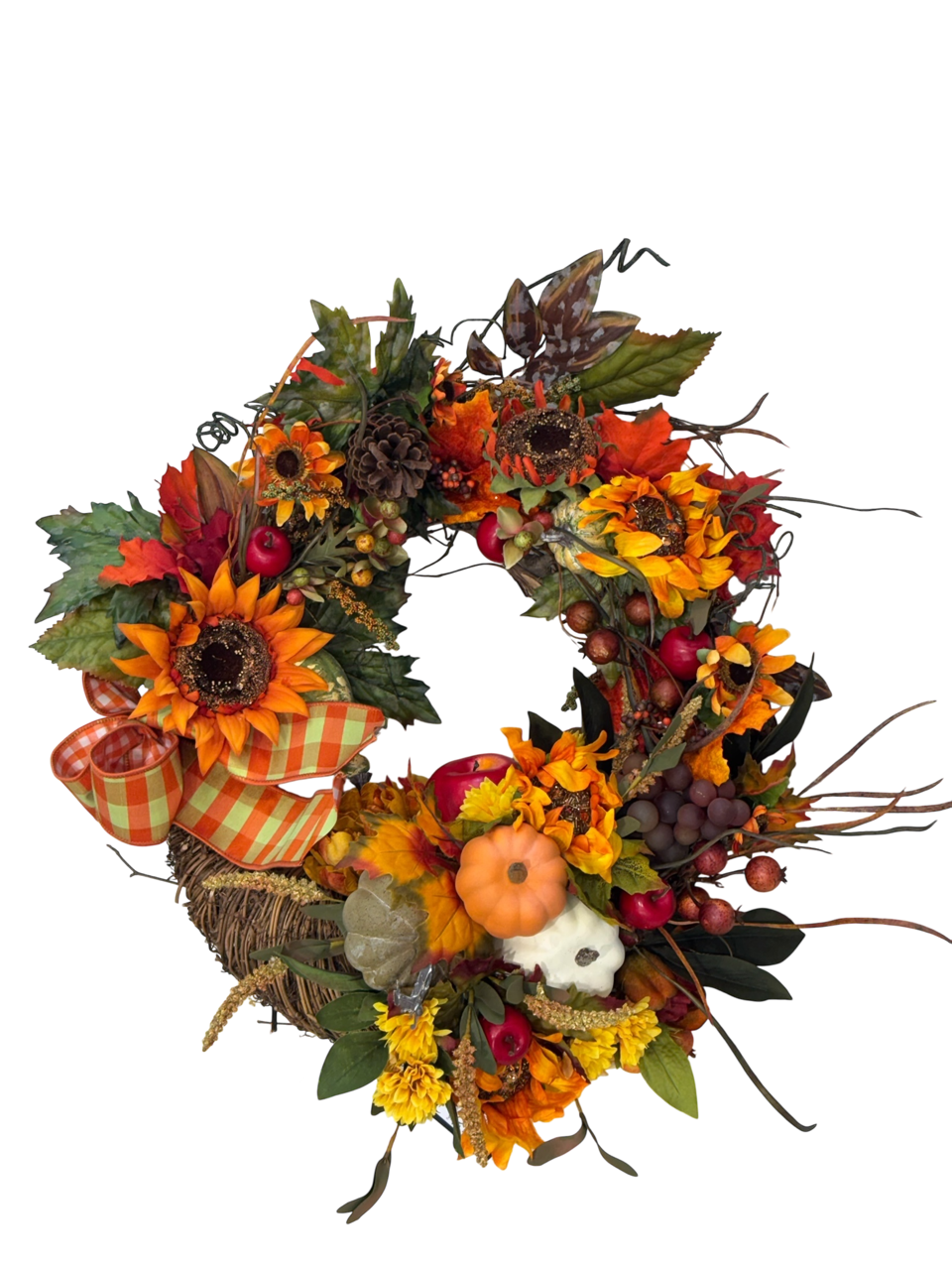 Fall Wreath Cornucopia with Faux Fall Flowers and Faux Pumpkins