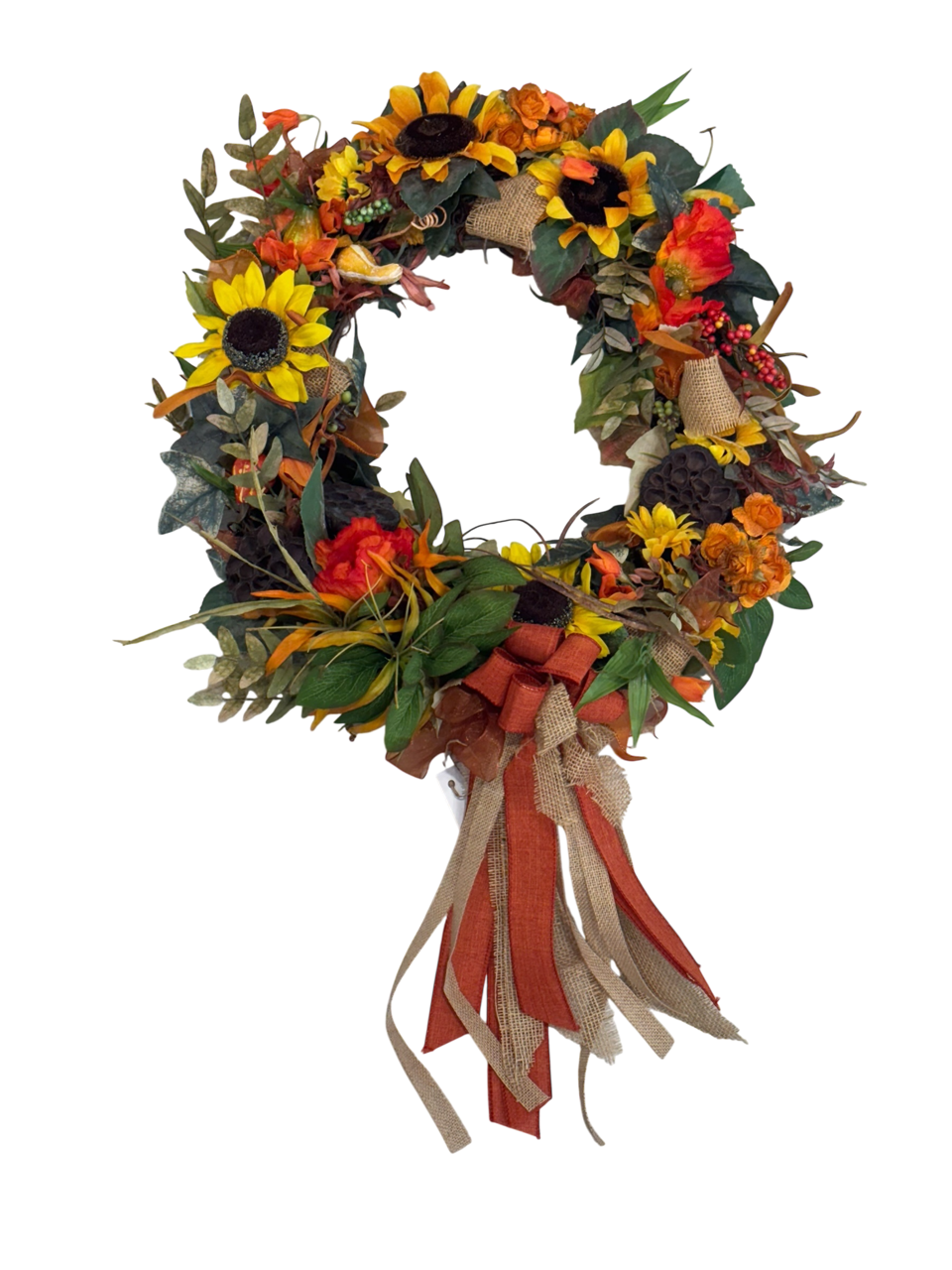 Decorative wreath with autumnal colors and faux sunflowers and other fall faux flowers