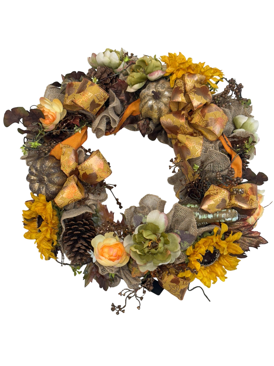 Wreath with fall color ribbon and faux flowers and pinecones.