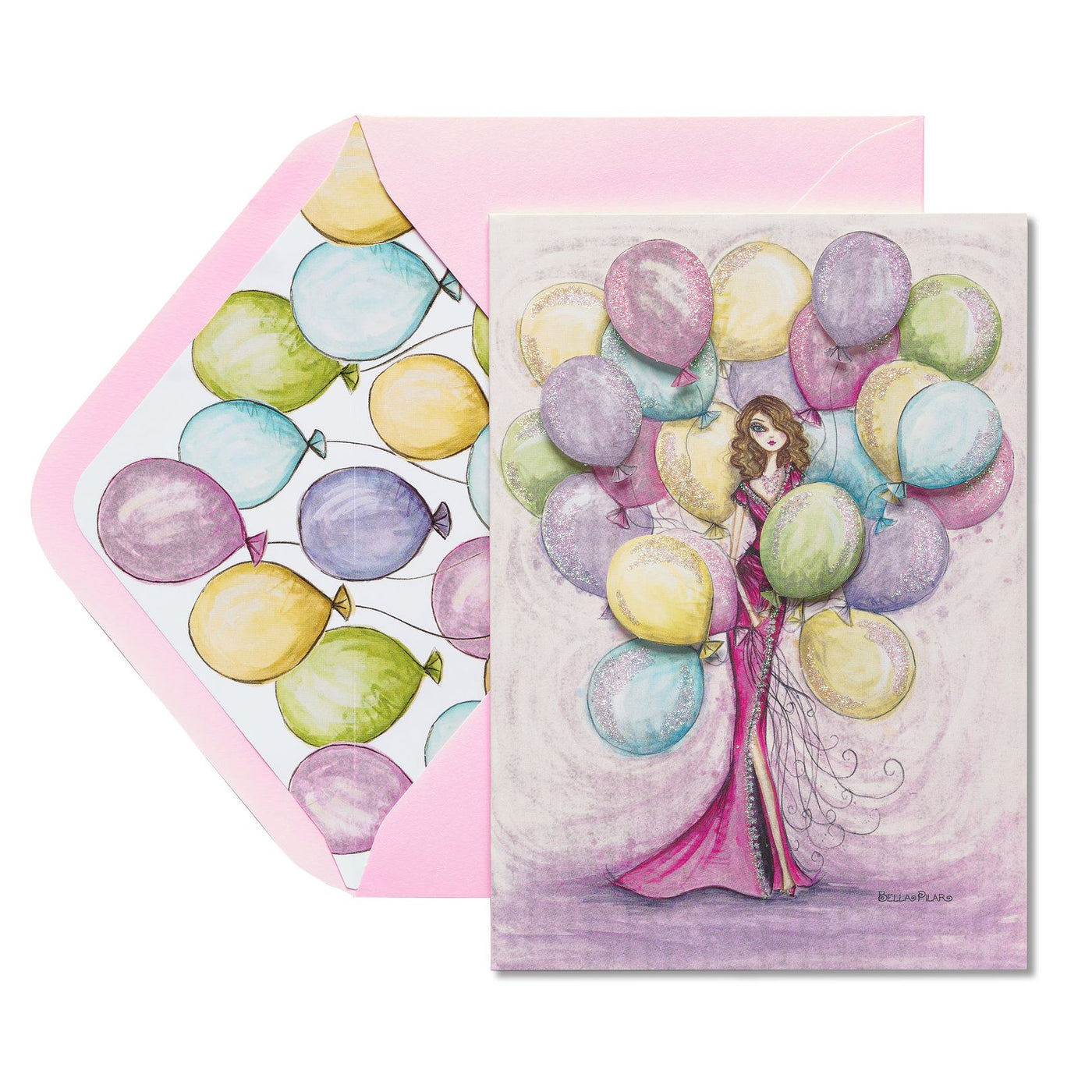 Girl with Balloons Birthday Greeting Card- Designed by Bella Pilar