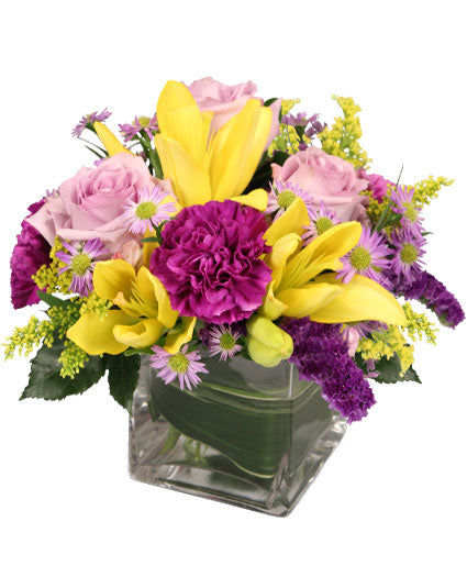 High Impact Bouquet | Vibrant Yellow Lilies and Purple Florals Arrangement – House-of-Blooms